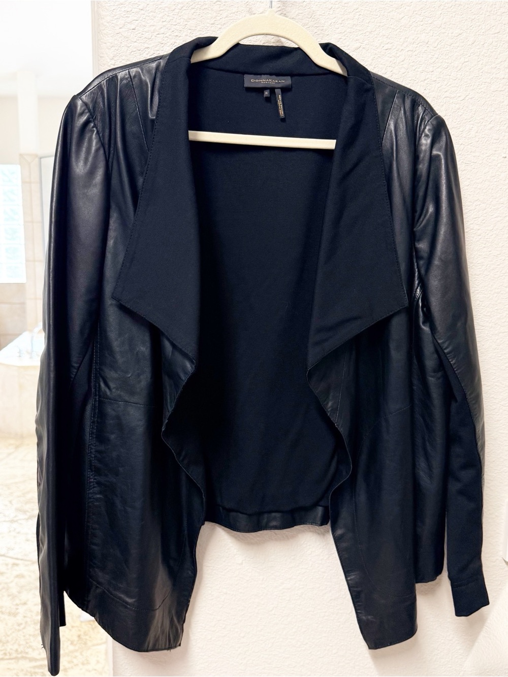 Donna Karan Black Leather Draped-Front Jacket XL